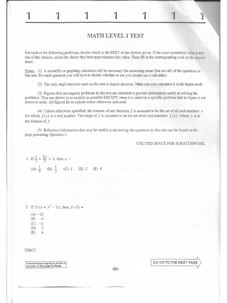 Collegeboard SAT Mathematics Level 1 Form 3ZBC2 PDF