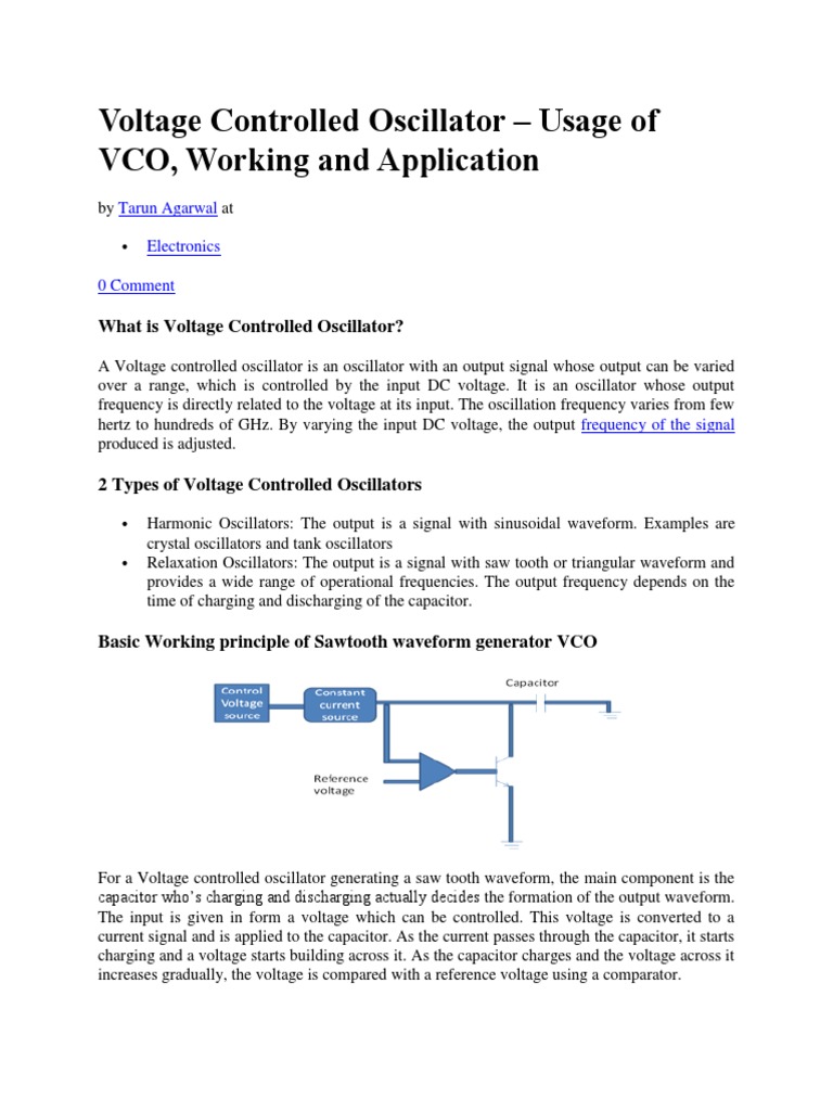 Voltage Controlled Oscillator Usage of VCO, Working and Application