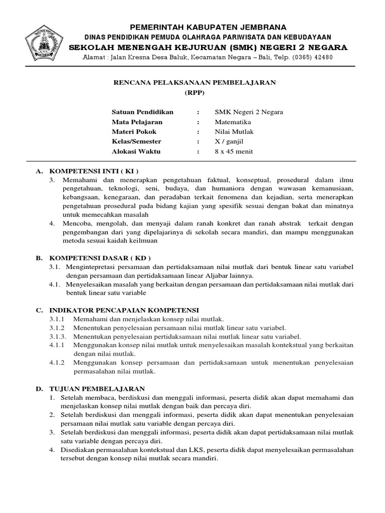 Rpp Persamaan And Pertidaksamaan Nilai M