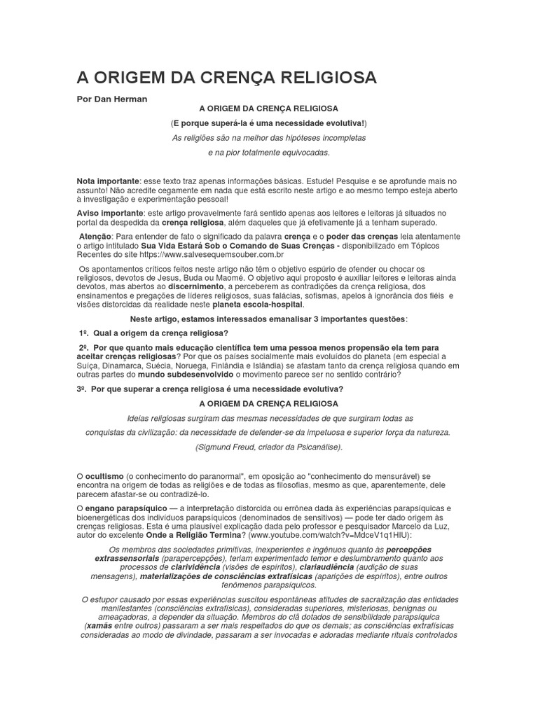 A Origem Da Crença Religiosa | PDF | Cidadania | Science