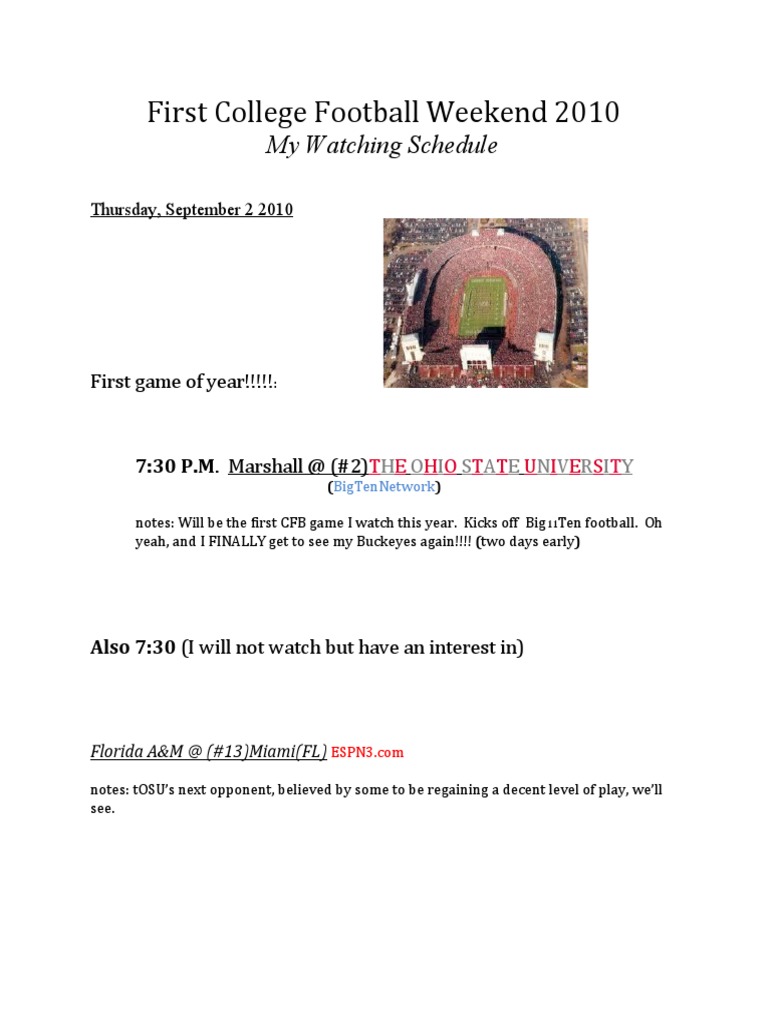 2010 College Football Opening Weekend Schedule | PDF | Ncaa Football ...