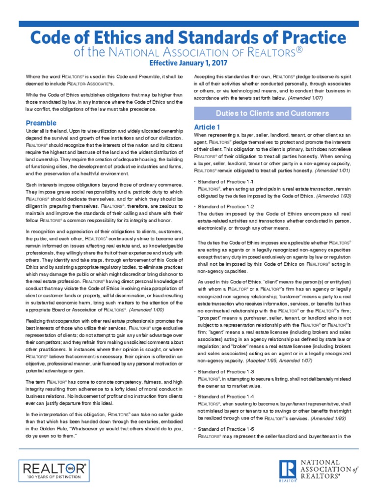 2017 Realtor Code of Ethics (InstaMLS) Real Estate Broker Law Of Agency