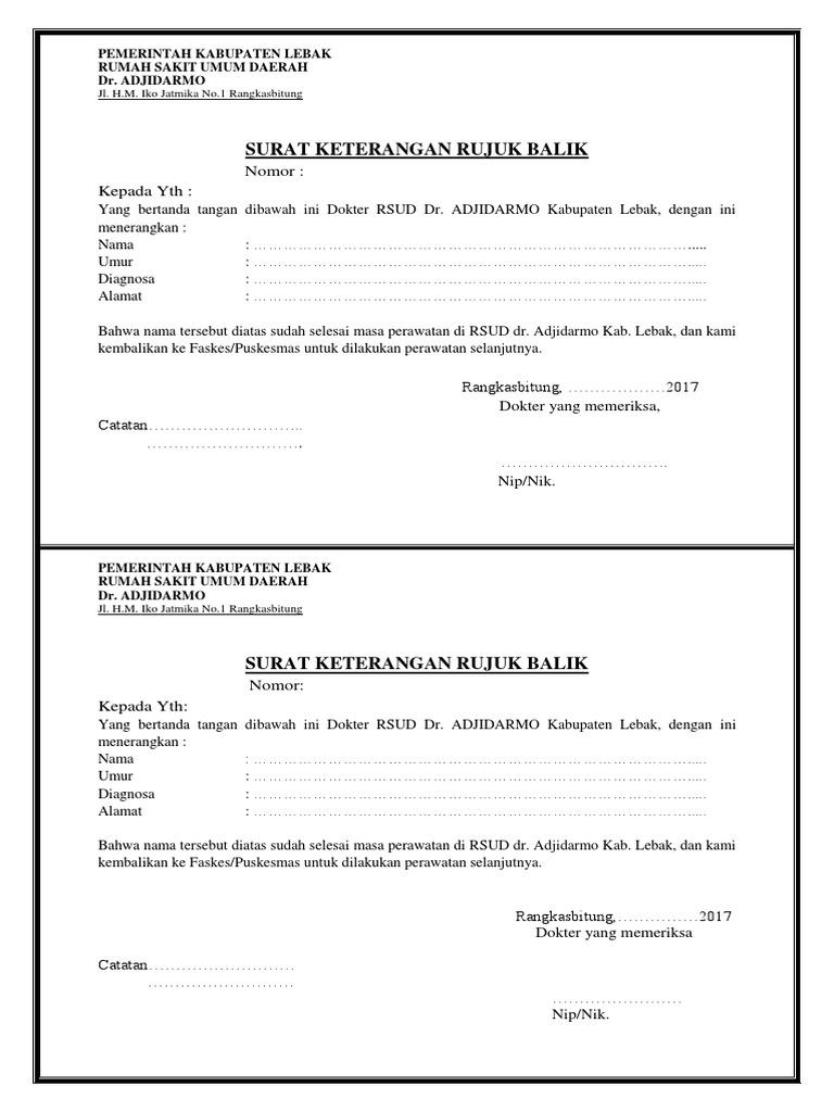 Surat Rujuk Balik RSUD Dr. Adjidarmo | PDF