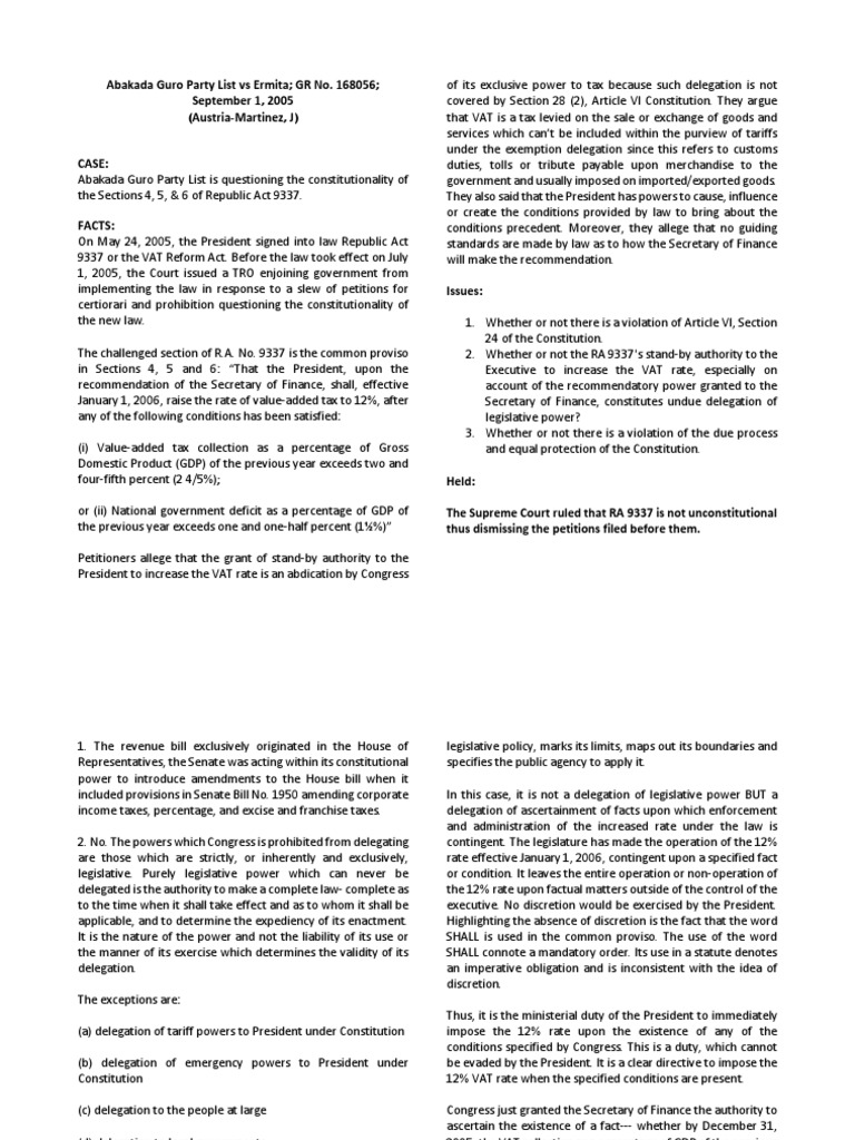 Abakada Guro Party List Vs Ermita | Download Free PDF | Value Added Tax ...