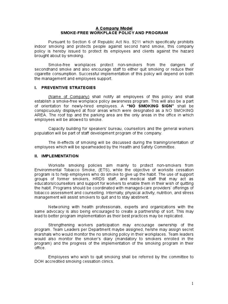 tobacco free workplace policy examples Tobacco-Free Worksites Smoke-Free Workplace Policy Template |