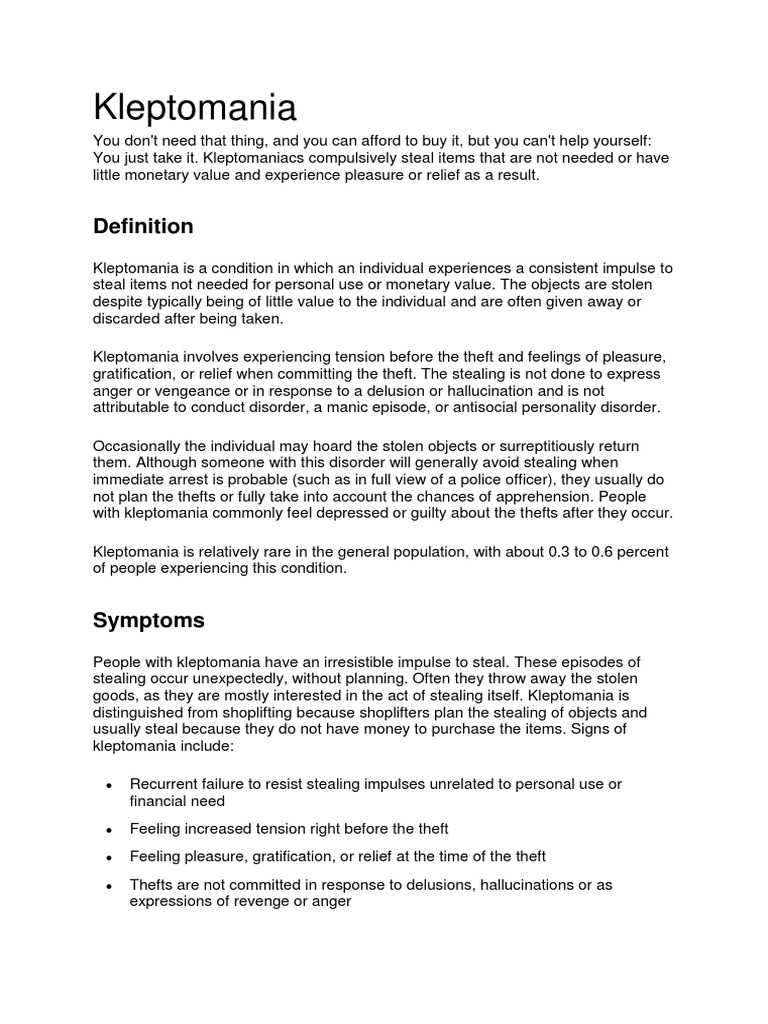 Kleptomania PDF Mental Disorder Positive Psychology