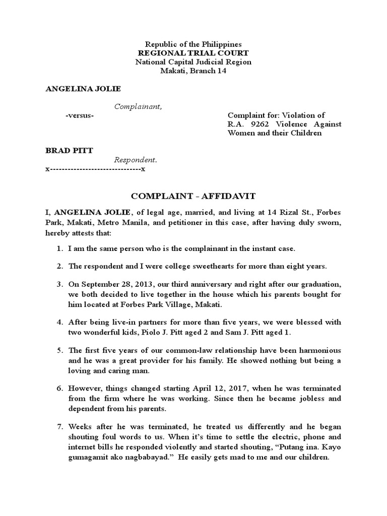 Sample VAWC Complaint PDF Common Law Judiciaries