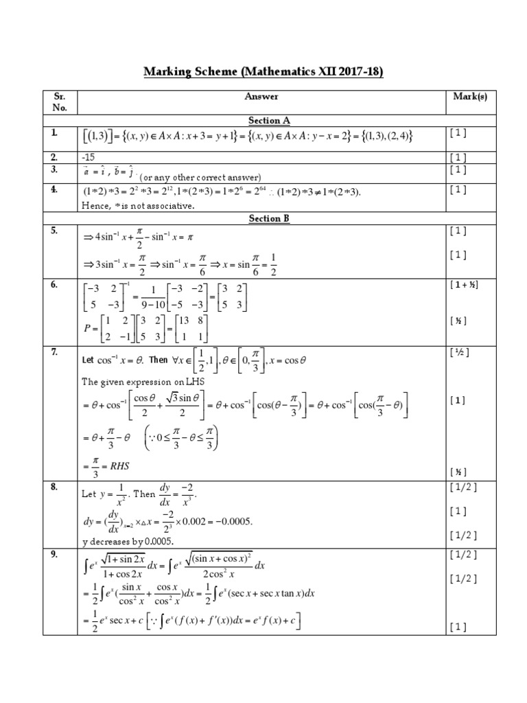 Cbse 12th Maths Sample Paper 2018 Marking Scheme Answer Key | PDF