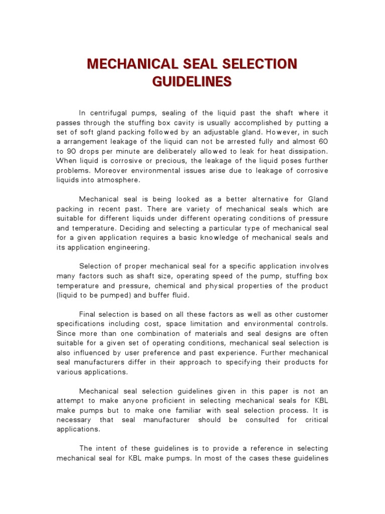 Mechanical Seal Selection Guidelines | PDF | Leak | Liquids