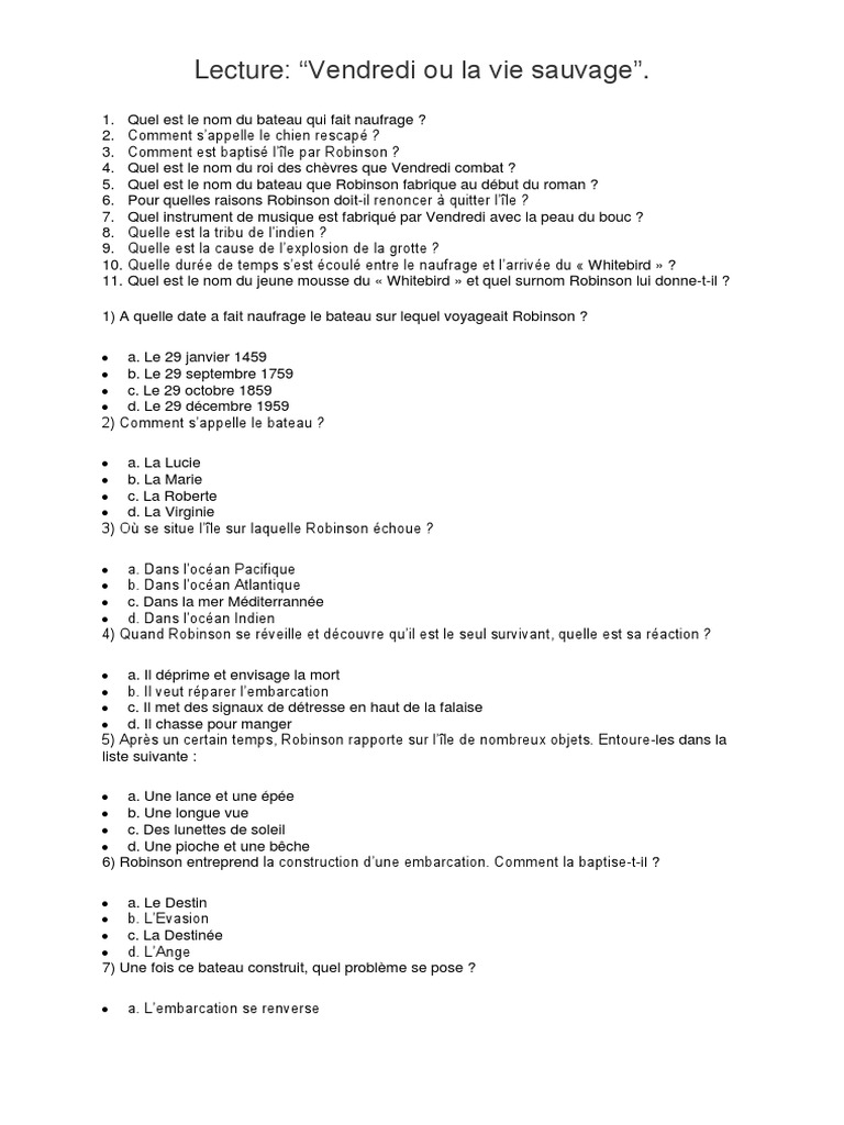 Vendredi Ou La Vie Sauvage Questionnaire Corrigé Test de Lecture Vendredi Ou La Vie.. | PDF | Loisirs | La nature