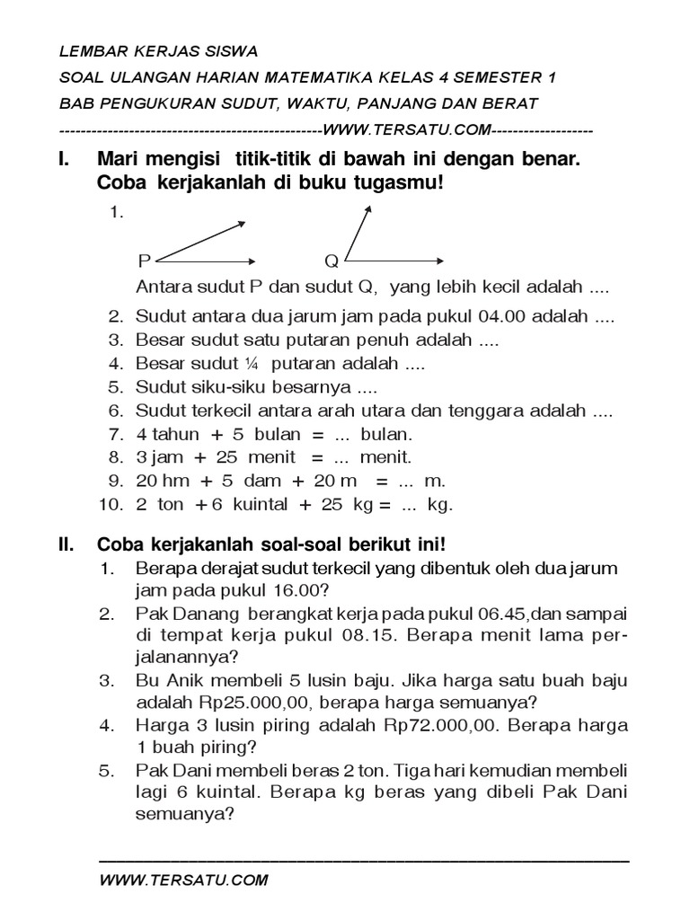 Soal Uh Matematika Kelas 4 Semester 1 Bab Pengukuran Pdf
