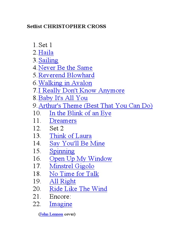 Setlist CHRISTOPHER CROSS PDF