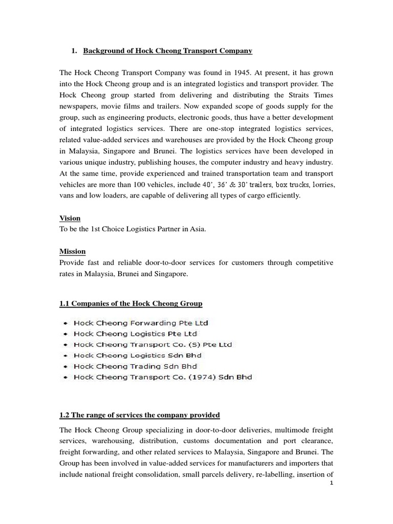 Hock Cheong Transport Pdf Supply Chain Logistics