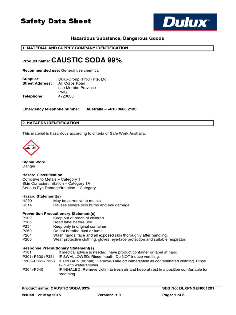 Caustic Soda 99 Aus Sds PDF Dangerous Goods Personal Protective
