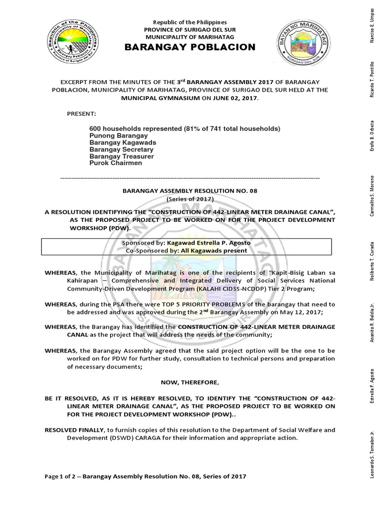 Barangay Assembly Res. 2017 08 | PDF | Government