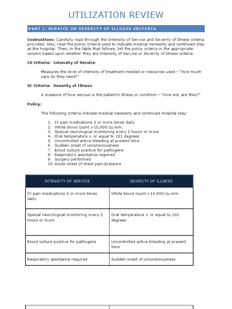Utilization Review: Service & Illness Criteria | PDF | Pain | Hospital