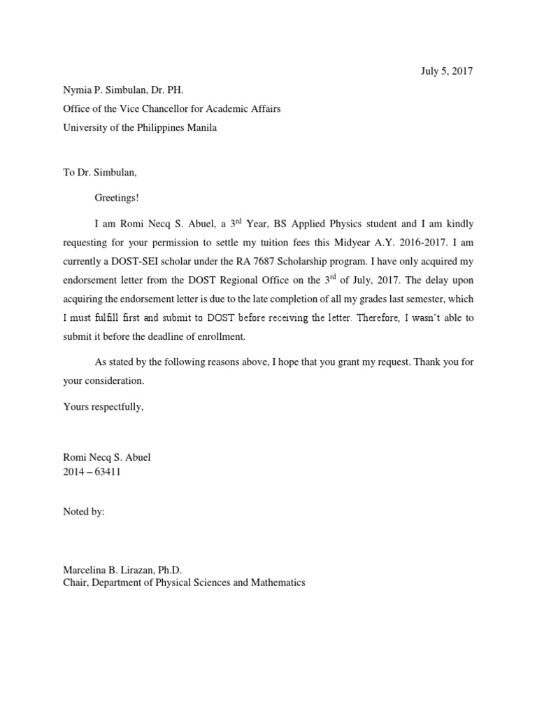 Letter of late enrollment