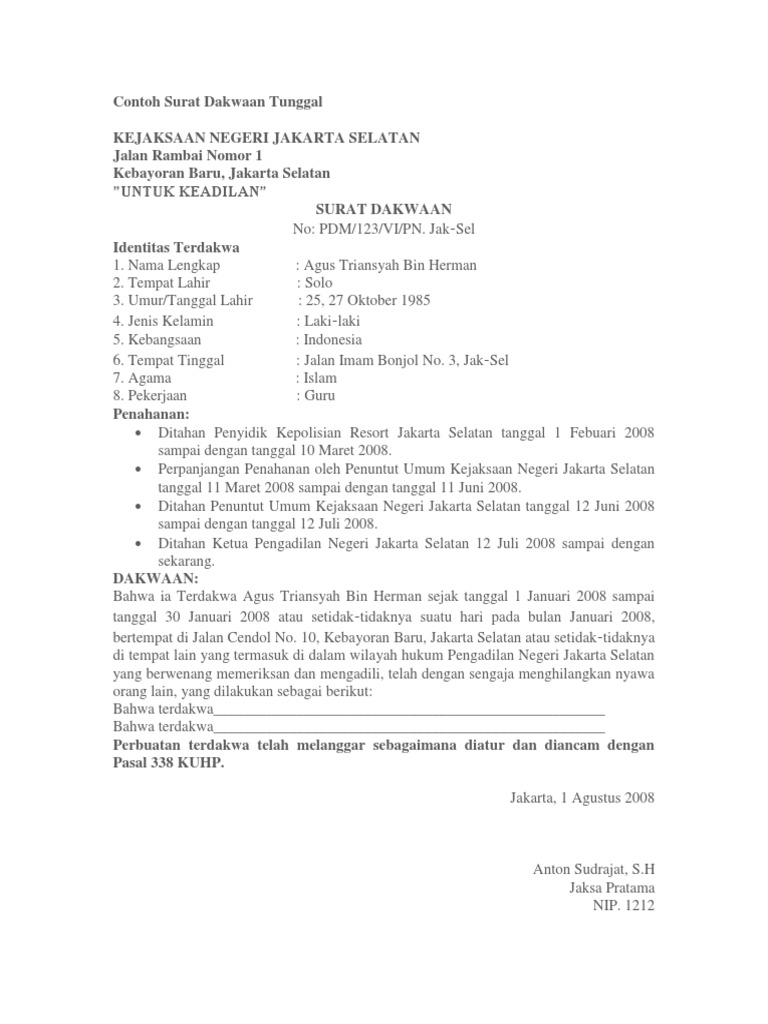 Contoh Surat Dakwaan Kombinasi Contoh Surat Lengkap