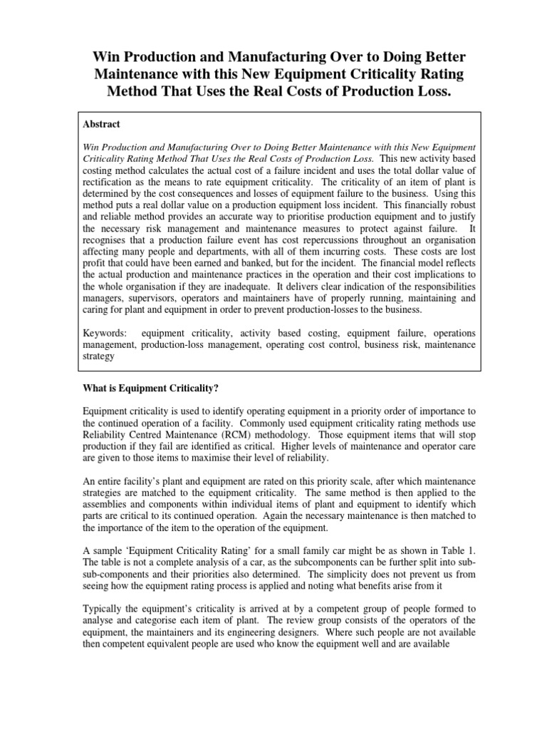 Equipment Criticality Rating Method | PDF | Transmission (Mechanics) | Risk