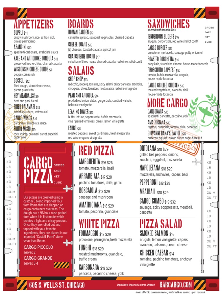 Bar Cargo Opening Day Menu Pizza Salad