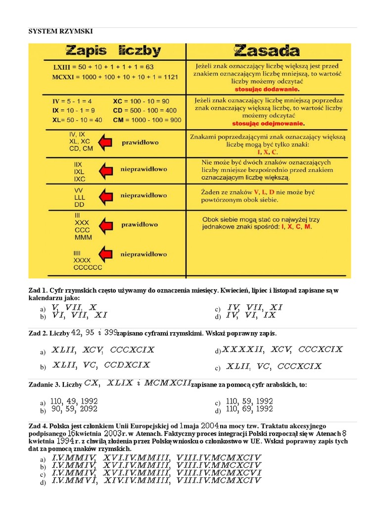 Kartkowka Z Liczb Rzymskich Gimnazjum Pdf