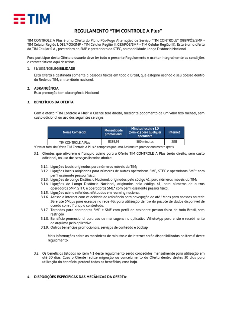 Regulamento Tim Controle A Plus | Download grátis PDF | Celulares ...
