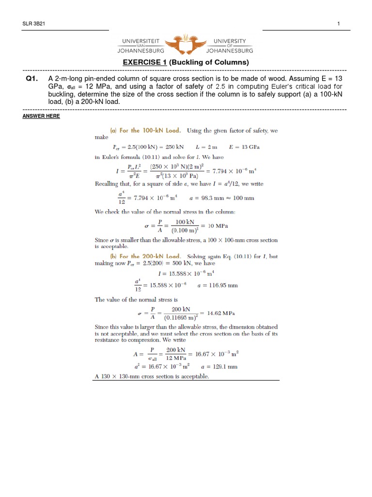 Exercise 1 Buckling Of Columns Solutions Pdf