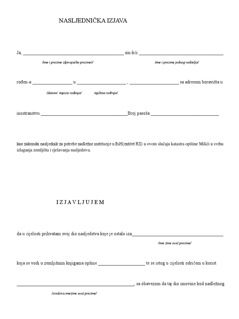 Obrazac Nasljednicka Izjava PDF