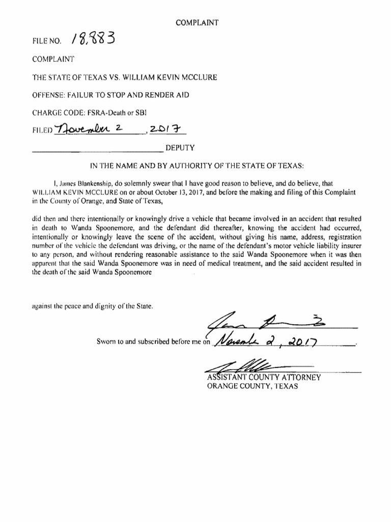 1102 Mcclure Complaint Arrest Warrant Criminal Law