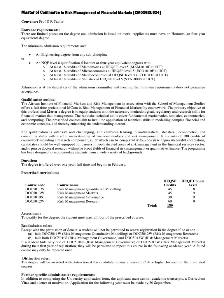 MCom in Risk Management Admission Guide | PDF | Academic Degree | Risk
