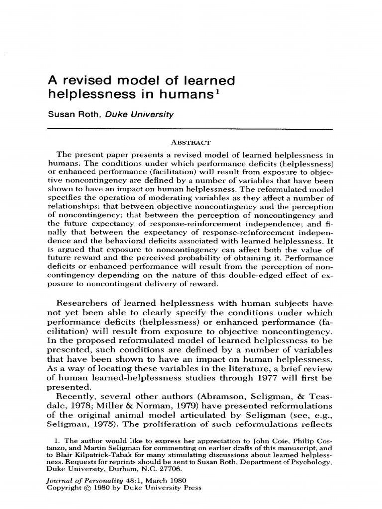 A Revised Model of Learned Helplessness in Humans : Susan Roth, Duke ...