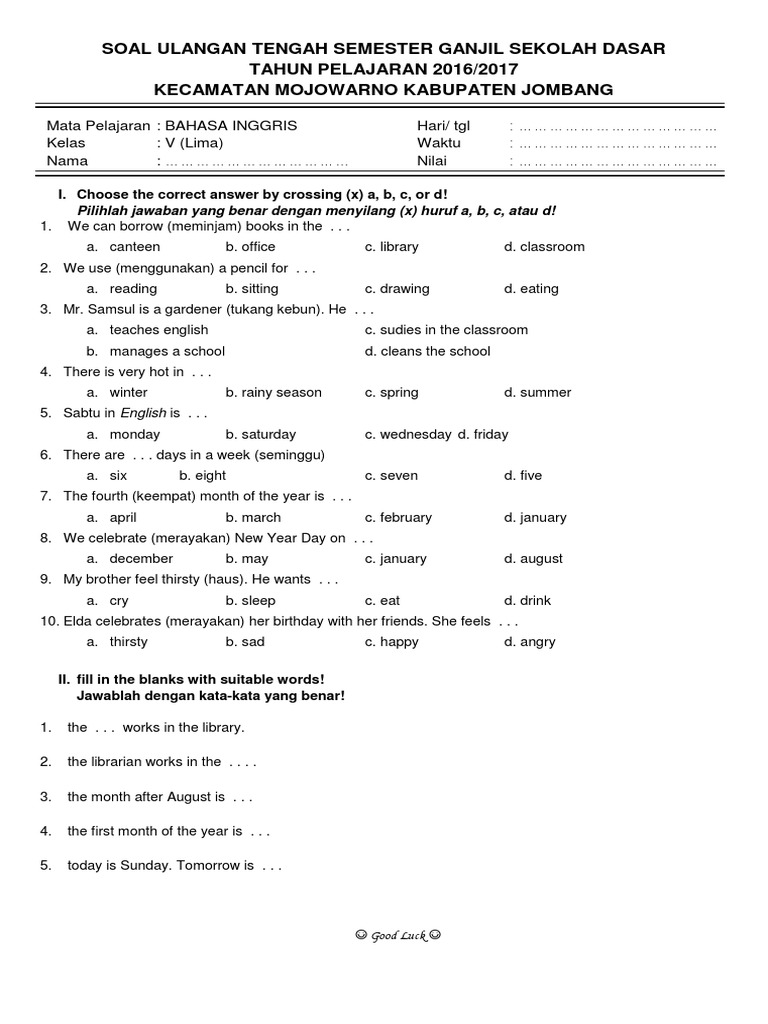 Soal Uts Bahasa Inggris 5