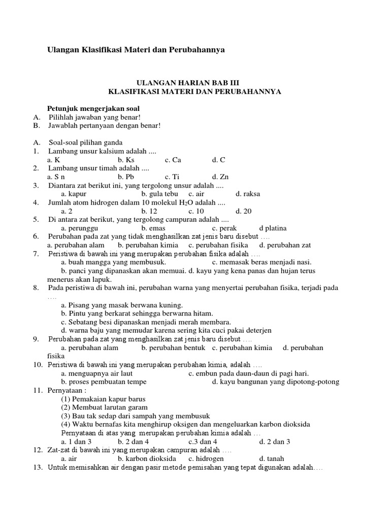Soal Materi Dan Perubahannya Mudah