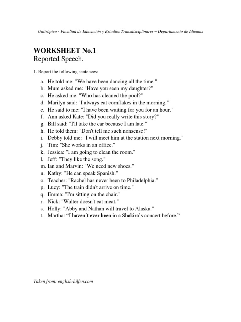Reported Speech Worksheet Exercises | PDF | Language Arts & Discipline ...