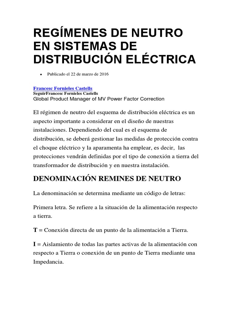 Regímenes de Neutro en Distribución Eléctrica | PDF | Fuerza ...