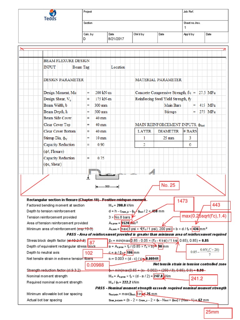 RC Beam Design Calculation Summary | PDF | Bending | Strength Of Materials