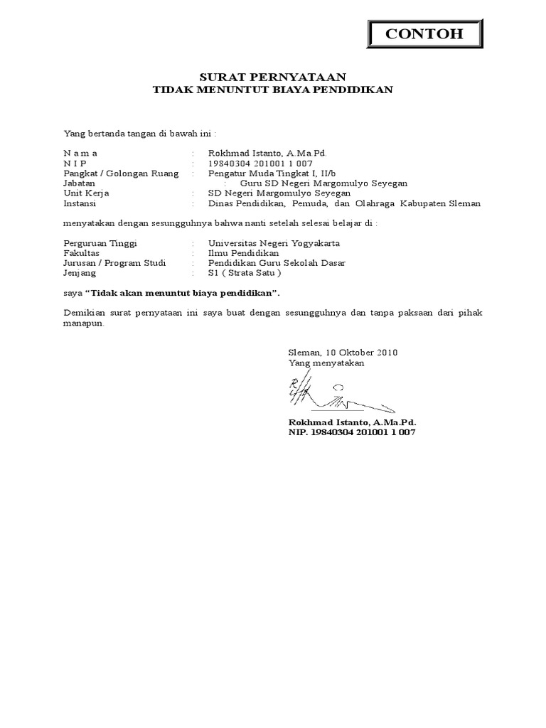 Contoh Surat Pernyataan Tidak Menuntut Biaya Pendidikan Pdf