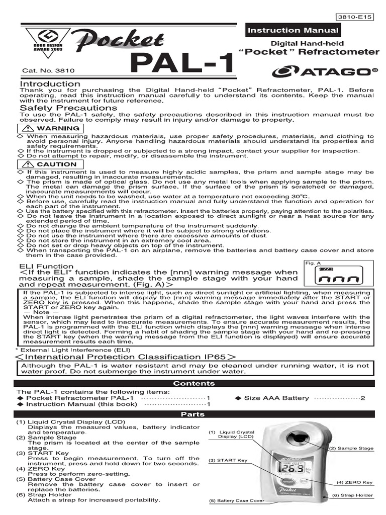 Atago PAL1 Refractometer Instruction Manual PDF Battery