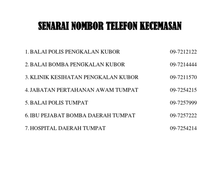 Senarai Nombor Telefon Kecemasan