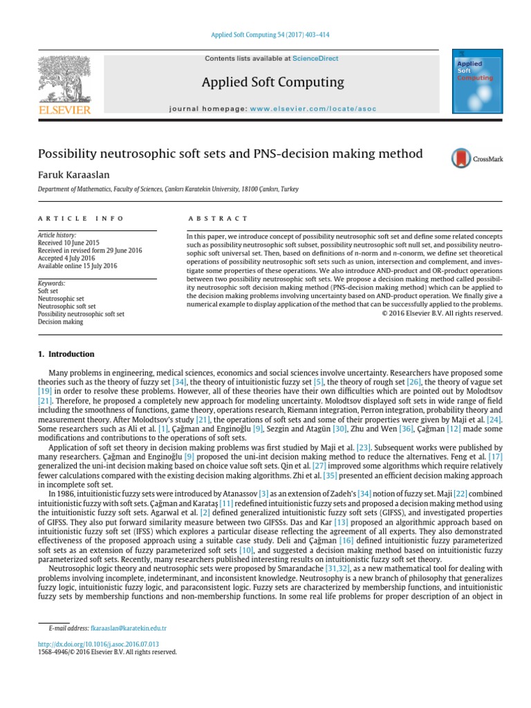 Possibility Neutrosophic Soft Sets and PNS-decision Making Method | PDF ...