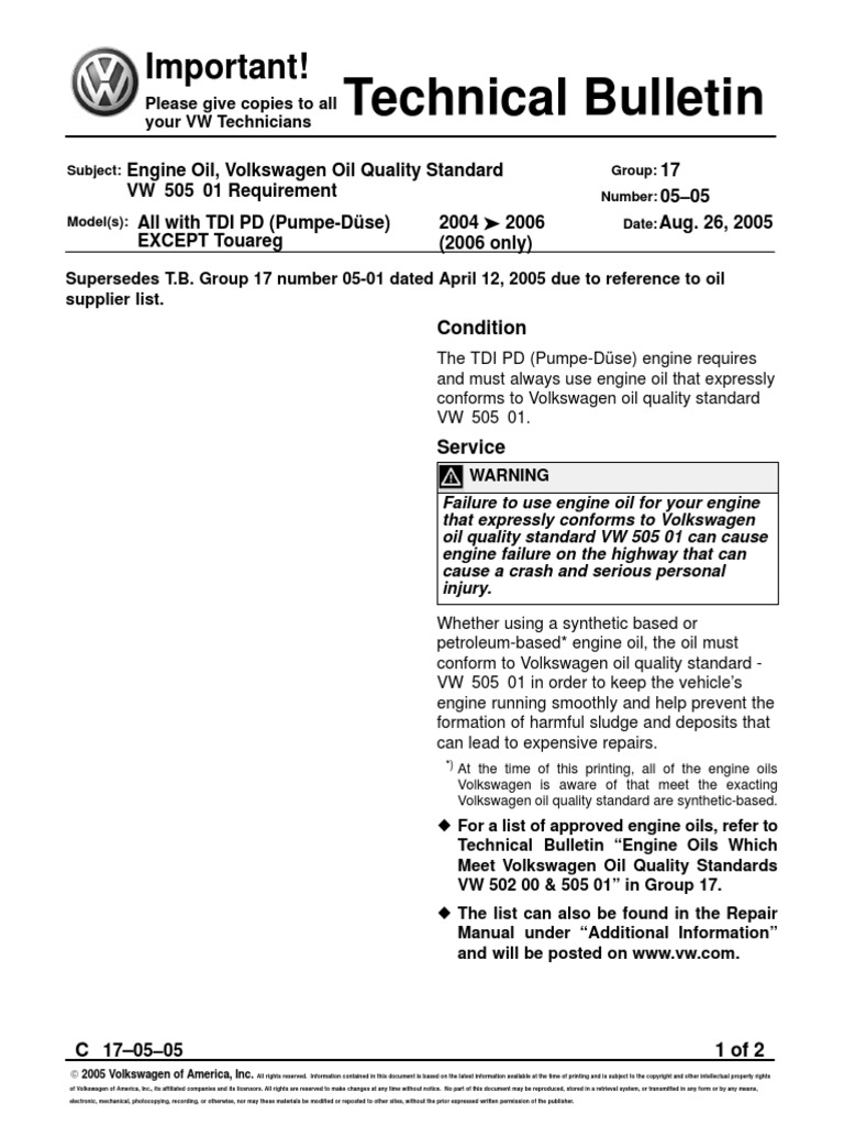 VW tb.170505 Engine Oil, Volkswagen Oil Quality Standard VW 505 01
