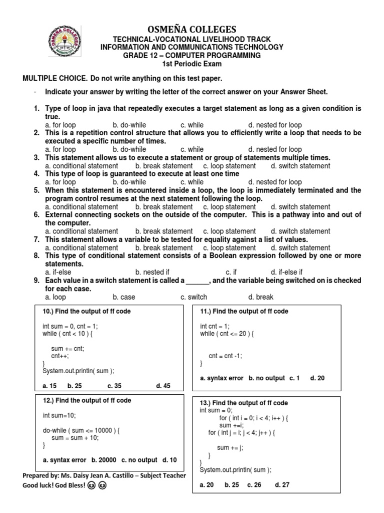 Computer Programmin 1st Periodic Exam | PDF | Control Flow | Software ...