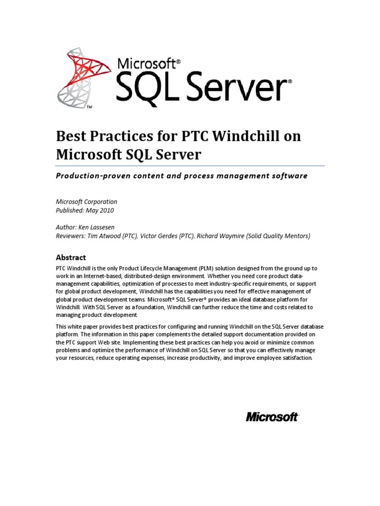 Best Practices PTC Windchill On SQL Server PDF | PDF | Microsoft Sql ...