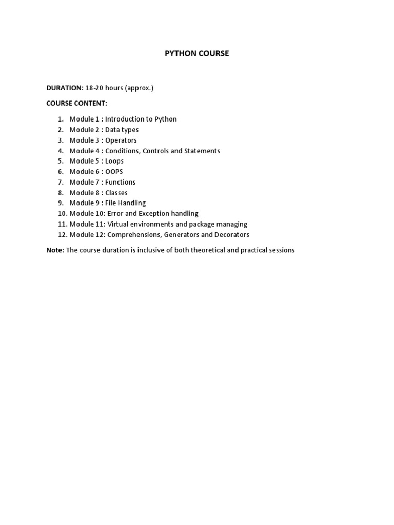 Python Course: DURATION: 18-20 Hours (Approx.) Course Content | PDF