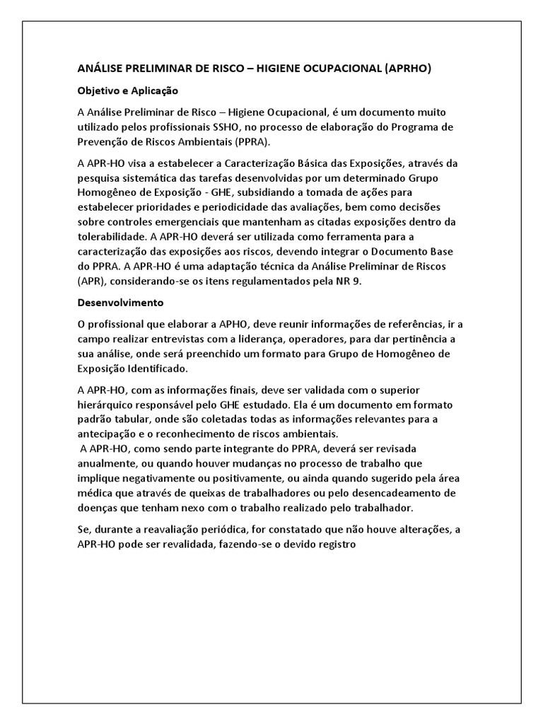 Análise Preliminar de Risco em Higiene Ocupacional | PDF | Ambiente ...