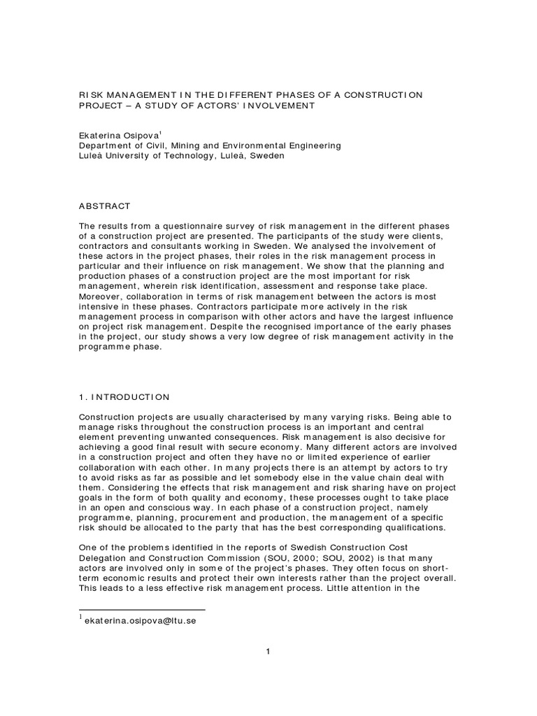 Risk Management in The Different Phases of A Construction | PDF | Risk ...