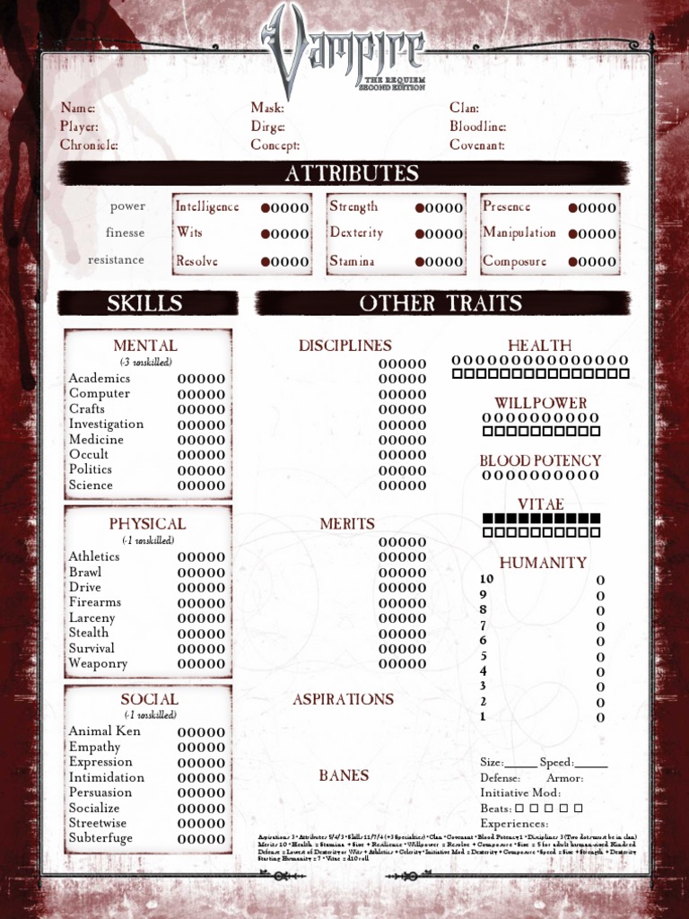 vampire the requiem - character sheet pad - ing - Comprar Jogos de  Role-play antigos no todocoleccion
