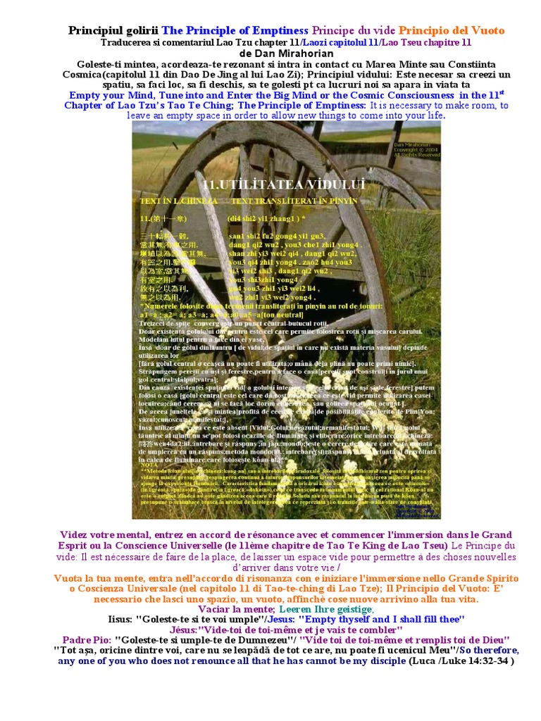 Laozi Capitolul 11 Principiul Golirii The Principle Of Emptiness Pricipe Du Vide Pdf
