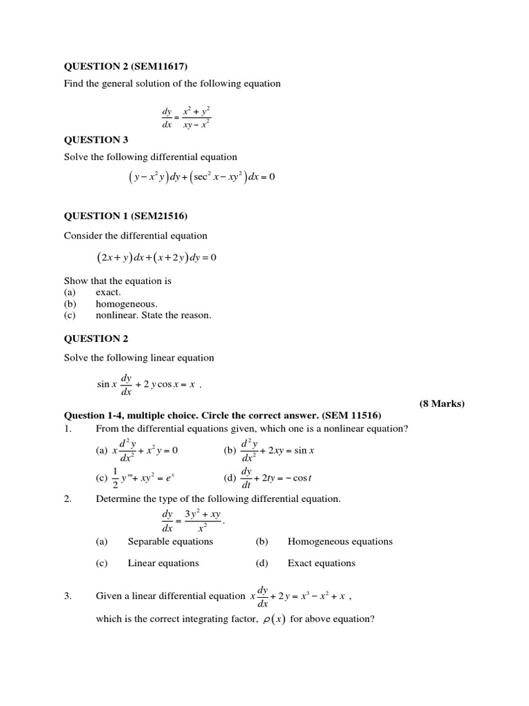 Pratice Ordinary Diffential Equation Test 1 Differential Equations Equations