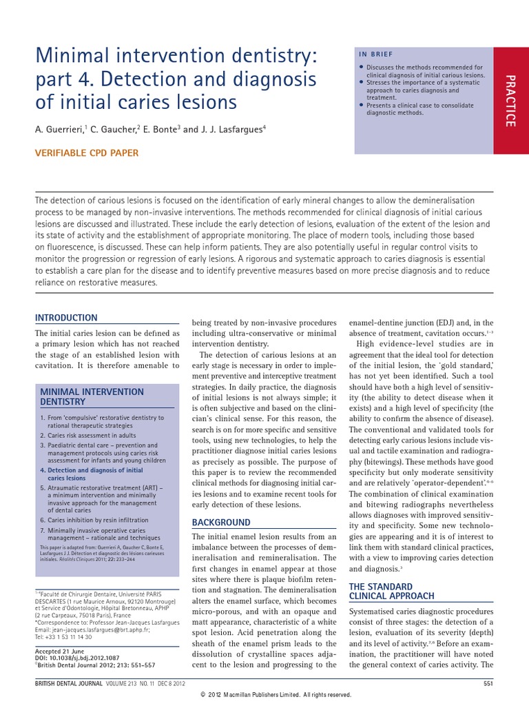 Minimal Intervention Dentistry Part 4. Detection and Diagnosis of Initial Caries Lesions PDF